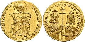 Constantine VII Porphyrogenitus, with Romanus I and Christopher, 913-959. Solidus (Gold, 21 mm, 4.40 g, 6 h), Constantinopolis, circa 924-931. +IҺS XP...