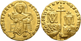 Constantine VII Porphyrogenitus, with Romanus I and Christopher, 913-959. Solidus (Gold, 18 mm, 4.43 g, 6 h), Constantinopolis, circa 924-931. +IҺS XP...