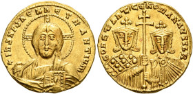 Constantine VII Porphyrogenitus, with Romanus II, 913-959. Solidus (Gold, 18 mm, 4.36 g, 6 h), Constantinopolis, circa 950-955. +IҺS XPS RЄX RЄGNANTIЧ...