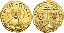 Romanus II, 959-963. Solidus (Gold, 20 mm, 4.43 g, 6 h), Constantinopolis, 959. +IҺS XPS RЄX RЄGNANTIЧm Nimbate bust of Christ facing, wearing tunic a...