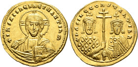 Basil II Bulgaroktonos, with Constantine VIII, 976-1025. Histamenon (Gold, 21 mm, 4.40 g, 6 h), Constantinopolis, 977-989. +IҺS XIS RЄX RЄGNANTIҺm Nim...
