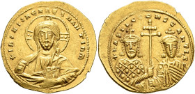 Basil II Bulgaroktonos, with Constantine VIII, 976-1025. Histamenon (Gold, 22 mm, 4.46 g, 6 h), Constantinopolis, 977-989. +IҺS XIS RЄX RЄGNANTIҺm Nim...