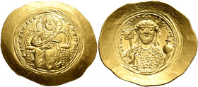 Constantine IX Monomachus, 1042-1055. Histamenon (Gold, 29 mm, 4.42 g, 6 h), Constantinopolis. +hIS XIS RЄX RЄςNANTIҺm Christ enthroned facing, nimbat...