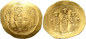 Eudocia, with Michael VII and Constantius, 1067. Histamenon (Gold, 26 mm, 4.37 g, 6 h), Constantinopolis. +IhS XIS RЄX RЄςNANTIҺm Christ, nimbate, sea...