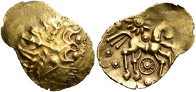 BRITAIN. Atrebates & Regni. Uninscribed, circa 75-30 BC. 1/4 Stater (Gold, 18 mm, 1.37 g), 'Selsey Dahlia' type. Celticized head of Apollo to right wi...