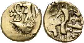 BRITAIN. Belgae. Uninscribed, circa 65-40 BC. 1/4 Stater (Gold, 11 mm, 1.35 g), 'Hampshire Thunderbolt' type. Two men standing right in a boat; to lef...