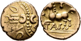 BRITAIN. Trinovantes & Catuvellauni. Tasciovanus, circa 25 BC-AD 10. 1/4 Stater (Gold, 12 mm, 1.28 g). Two crossed wreaths, one curved, with two back-...