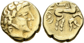 NORTHWEST GAUL. "Armoricans". 3rd century BC. 1/4 Stater (Gold, 11 mm, 1.86 g, 12 h). Celticized head of Apollo to right. Rev. Devolved charioteer in ...