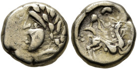 NORTHWEST GAUL. Carnutes. Circa 100-50 BC. 1/4 Stater (Electrum, 10 mm, 1.50 g, 2 h). Celticized male head to left. Rev. Devolved charioteer driving b...