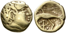 NORTHWEST GAUL. Carnutes. Circa 100-50 BC. 1/8 Stater (Electrum, 9 mm, 0.85 g, 12 h), 'à l'aigle' type. Celticized head of Apollo to right. Rev. Eagle...