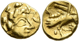 NORTHWEST GAUL. Carnutes. Circa 100-50 BC. 1/8 Stater (Gold, 9 mm, 1.00 g), 'à l'aigle' type. Celticized head of Apollo to right. Rev. Eagle with spre...