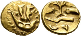 NORTHEAST GAUL. Atrebates. Circa 60-30/25 BC. 1/4 Stater (Gold, 11 mm, 1.31 g). Two men standing right in a boat with stylized waves below. Rev. Uncer...