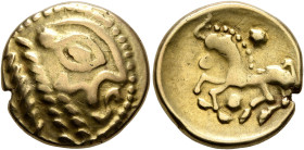 NORTHEAST GAUL. Bellovaci. Circa 60-30/25 BC. Stater (Electrum, 17 mm, 5.91 g), 'à l'astre' type. Devolved male head to right, with prominent nose and...