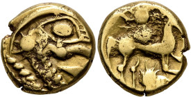 NORTHEAST GAUL. Bellovaci. Circa 60-30/25 BC. Stater (Gold, 15 mm, 5.84 g), 'à l'astre' type. Devolved and disjointed male head to right, with promine...
