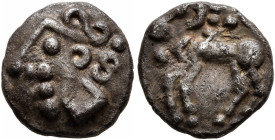 NORTHEAST GAUL. Treveri. Early to mid 1st century BC. Quinarius (Silver, 11 mm, 1.87 g, 1 h), 'Winkelnase' type. Celticized male head with curly hair ...