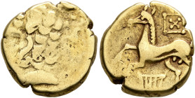 CENTRAL GAUL. Arverni. Late 2nd-early 1st century BC. Stater (Electrum, 17 mm, 7.22 g), 'à l'étendard et à la lyre' type. Celticized laureate male hea...