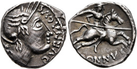 SOUTHERN GAUL. Allobroges. Circa 61-40 BC. Quinarius (Silver, 15 mm, 2.00 g, 12 h). DVRNACOS Head of Roma to right, wearing winged helmet. Rev. DONNVS...