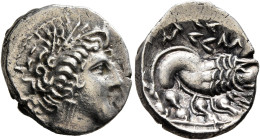 SOUTHERN GAUL. Insubres. Late 2nd-early 1st century BC. Drachm (Silver, 16 mm, 2.55 g, 2 h), imitating Massalia. Female head to right, wearing triple-...