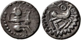 CENTRAL EUROPE. Uncertain tribe. Mid to late 1st century BC. Quinarius (Silver, 12 mm, 1.49 g, 9 h), 'Hockendes Männlein' type. Male figure seated to ...