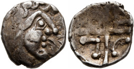 CENTRAL EUROPE. Vindelici. Early 1st century BC. Quinarius (Silver, 14 mm, 1.82 g, 12 h), 'Kreuzquinar, Schönaich I' type. Celticized male head to rig...