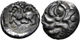 CENTRAL EUROPE. Vindelici. Mid 1st century BC. Quinarius (Silver, 13 mm, 1.15 g), 'Büschelquinar' type. Head devolved into a bush. Rev. Celticized hor...