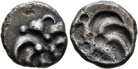 CENTRAL EUROPE. Vindelici. Mid 1st century BC. Quinarius (Silver, 11 mm, 1.69 g), 'Büschelquinar' type, brockage mint error. Head devolved into a bush...