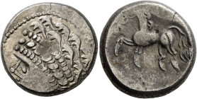 CENTRAL EUROPE. Noricum (East). Circa 2nd-1st centuries BC. Tetradrachm (Silver, 23 mm, 11.11 g, 12 h), 'Samobor A' type. Celticized head of Apollo to...