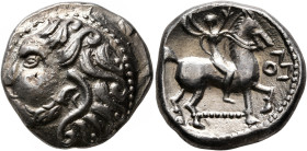 LOWER DANUBE. Uncertain tribe. Circa late 3rd to early 2nd century BC. Tetradrachm (Silver, 22 mm, 13.65 g, 11 h), 'Lysimachoskopf' type. Celticized b...