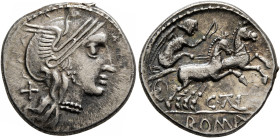LOWER DANUBE. Geto-Dacians. Circa 2nd century BC. 'Denarius' (Silver, 18 mm, 3.76 g, 9 h), imitating a Roman Republican denarius of C. Thalna (154 BC)...