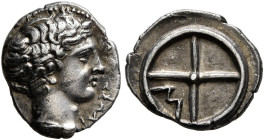GAUL. Massalia. Circa 410-380 BC. Obol (Silver, 10 mm, 0.80 g). MAΣΣAΛI Horned head of Lakydon to right. Rev. Wheel of four spokes; M in one quarter. ...