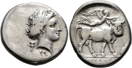 CAMPANIA. Neapolis. Circa 300-275 BC. Didrachm or Nomos (Silver, 20 mm, 7.14 g, 3 h), Chari..., magistrate. Diademed head of a nymph to right, wearing...