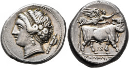CAMPANIA. Neapolis. Circa 275-250 BC. Didrachm or Nomos (Silver, 20 mm, 7.30 g, 3 h). Diademed head of a nymph to left, wearing pendant erring and pea...