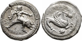 CALABRIA. Tarentum. Circa 500-490 BC. Didrachm or Nomos (Silver, 20 mm, 8.00 g, 4 h). ΤΑΡΑΣ Youthful oikist, nude and with long hair, riding dolphin t...