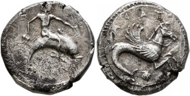 CALABRIA. Tarentum. Circa 490-480 BC. Didrachm or Nomos (Silver, 18 mm, 8.12 g, 3 h). ΤΑΡΑΣ Youthful oikist, nude and with long hair, riding dolphin t...