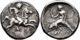 CALABRIA. Tarentum. Circa 400-390 BC. Didrachm or Nomos (Silver, 20 mm, 7.59 g, 6 h). Nude youth on horse galloping to right, holding whip in his righ...