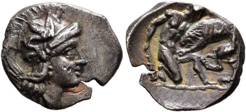 CALABRIA. Tarentum. Circa 380-325 BC. Diobol (Silver, 12 mm, 1.00 g, 12 h). Head...