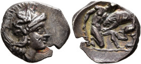 CALABRIA. Tarentum. Circa 380-325 BC. Diobol (Silver, 12 mm, 1.00 g, 12 h). Head of Athena to right, wearing crested Attic helmet adorned with a hippo...