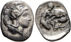 CALABRIA. Tarentum. Circa 302-280 BC. Diobol (Silver, 13 mm, 0.99 g, 12 h). Head of Athena to right, wearing crested Corinthian helmet adorned with Sk...