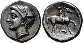 CALABRIA. Tarentum. Campano-Tarentine series, circa 281-228 BC. Didrachm or Nomos (Silver, 19 mm, 5.54 g, 8 h). Diademed head of a nymph to left, wear...