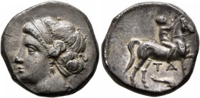 CALABRIA. Tarentum. Campano-Tarentine series, circa 281-228 BC. Didrachm or Nomos (Silver, 19 mm, 7.00 g, 6 h). Diademed head of a nymph to left, wear...