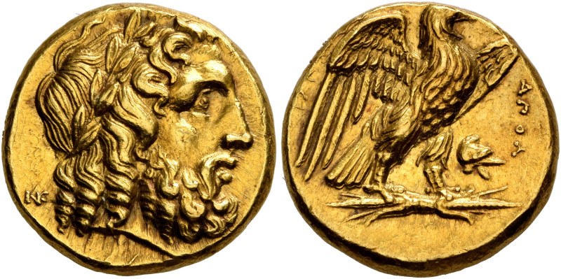 CALABRIA. Tarentum. Circa 280 BC. Stater (Gold, 17 mm, 8.59 g, 5 h). Laureate he...