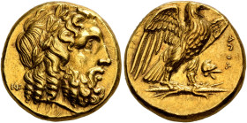 CALABRIA. Tarentum. Circa 280 BC. Stater (Gold, 17 mm, 8.59 g, 5 h). Laureate head of Zeus to right; behind neck, monogram of NK. Rev. [TAPANTINΩN] Ea...