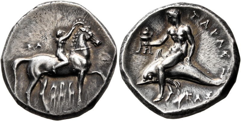 CALABRIA. Tarentum. Circa 280 BC. Didrachm or Nomos (Silver, 21 mm, 7.91 g, 3 h)...