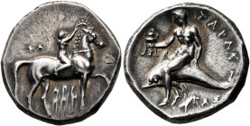 CALABRIA. Tarentum. Circa 280 BC. Didrachm or Nomos (Silver, 21 mm, 7.91 g, 3 h), Sa..., Arethon and Cas..., magistrates. Nude youth riding horse walk...