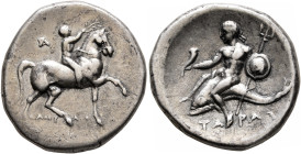 CALABRIA. Tarentum. Circa 280-272 BC. Didrachm or Nomos (Silver, 21 mm, 6.37 g, 7 h), Ar... and Damylos, magistrates. Nude youth riding horse walking ...