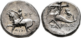 CALABRIA. Tarentum. Circa 272-240 BC. Didrachm or Nomos (Silver, 19 mm, 6.39 g, 12 h), Sy... and Lykinos, magistrates. Nude youth riding horse walking...