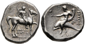 CALABRIA. Tarentum. Circa 272-240 BC. Didrachm or Nomos (Silver, 20 mm, 6.34 g, 3 h), Herakletos, magistrate. Nude rider on horse walking to right, ho...