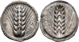 LUCANIA. Metapontion. Circa 540-510 BC. Stater (Silver, 27 mm, 8.08 g). ΜΕΤΑ Ear of barley with seven grains. Rev. Incuse ear of barley with seven gra...
