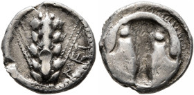 LUCANIA. Metapontion. Circa 470-440 BC. Triobol (Silver, 12 mm, 1.28 g, 6 h). ΜΕΤ Ear of barley with five grains; cable border. Rev. Boukranion; rayed...