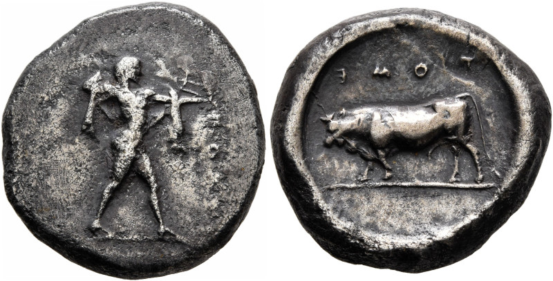 LUCANIA. Poseidonia. Circa 470-445 BC. Stater (Silver, 19 mm, 7.81 g, 9 h). ΠΟΜΕ...